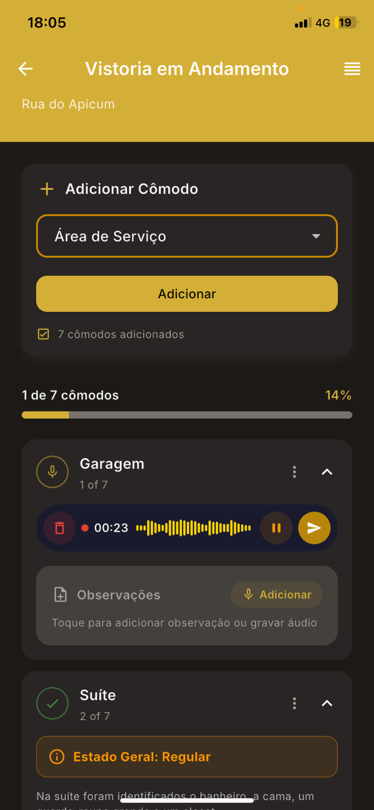 Vistoria em andamento — gravação de áudio